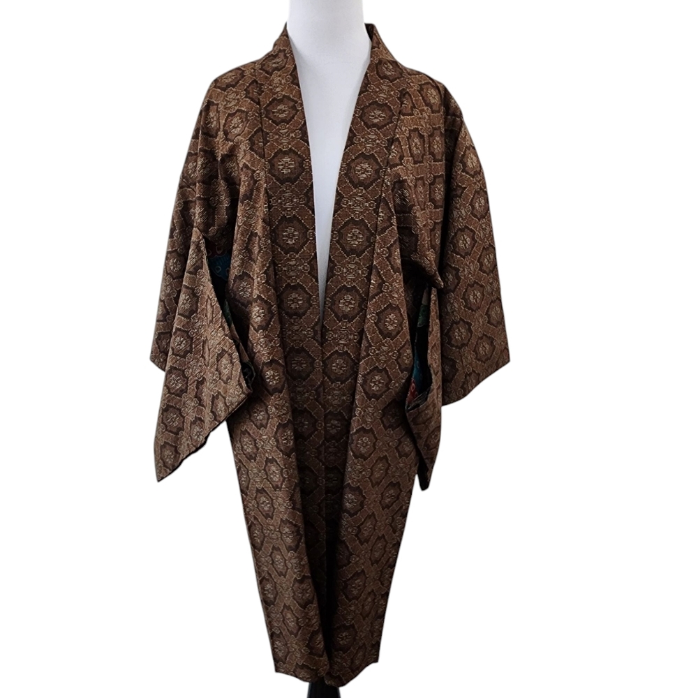 Vintage kimono silk hand stitched haori jacket brown floral lining -K11 - Picture 7 of 16